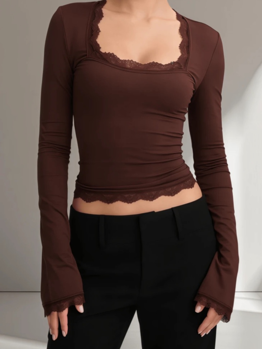 SHEIN Brown Lace-Trim Long Sleeve Scoop Neck Top
